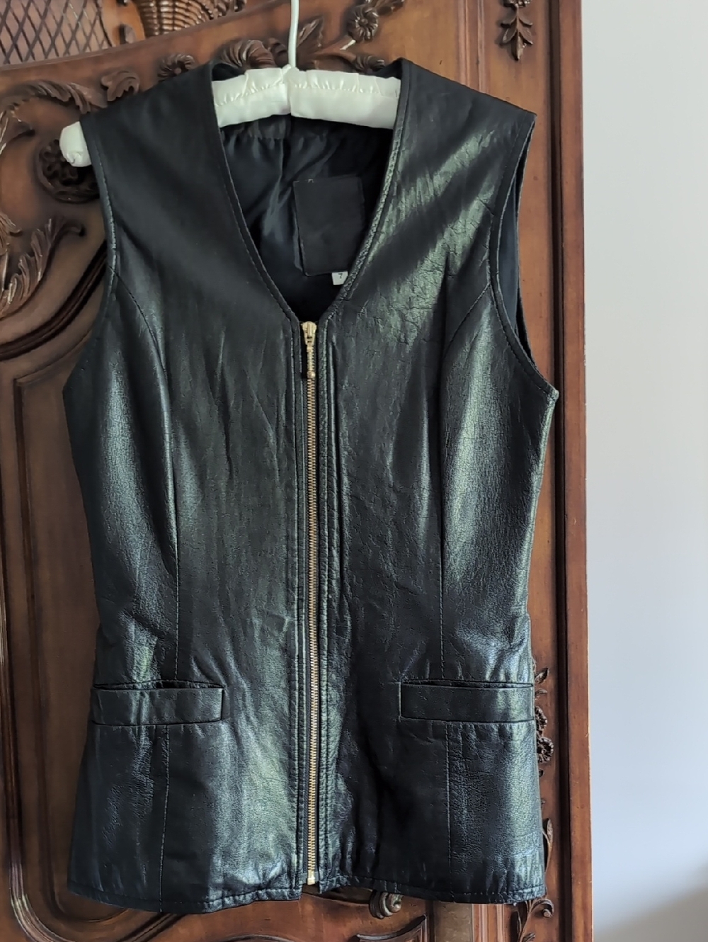Black Real Leather Zip-Front Sleeveless Vest